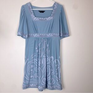 BCBG Maxazria 90s Y2K Slate Blue Printed Empire Waist  Mini Dress Phoebe Small